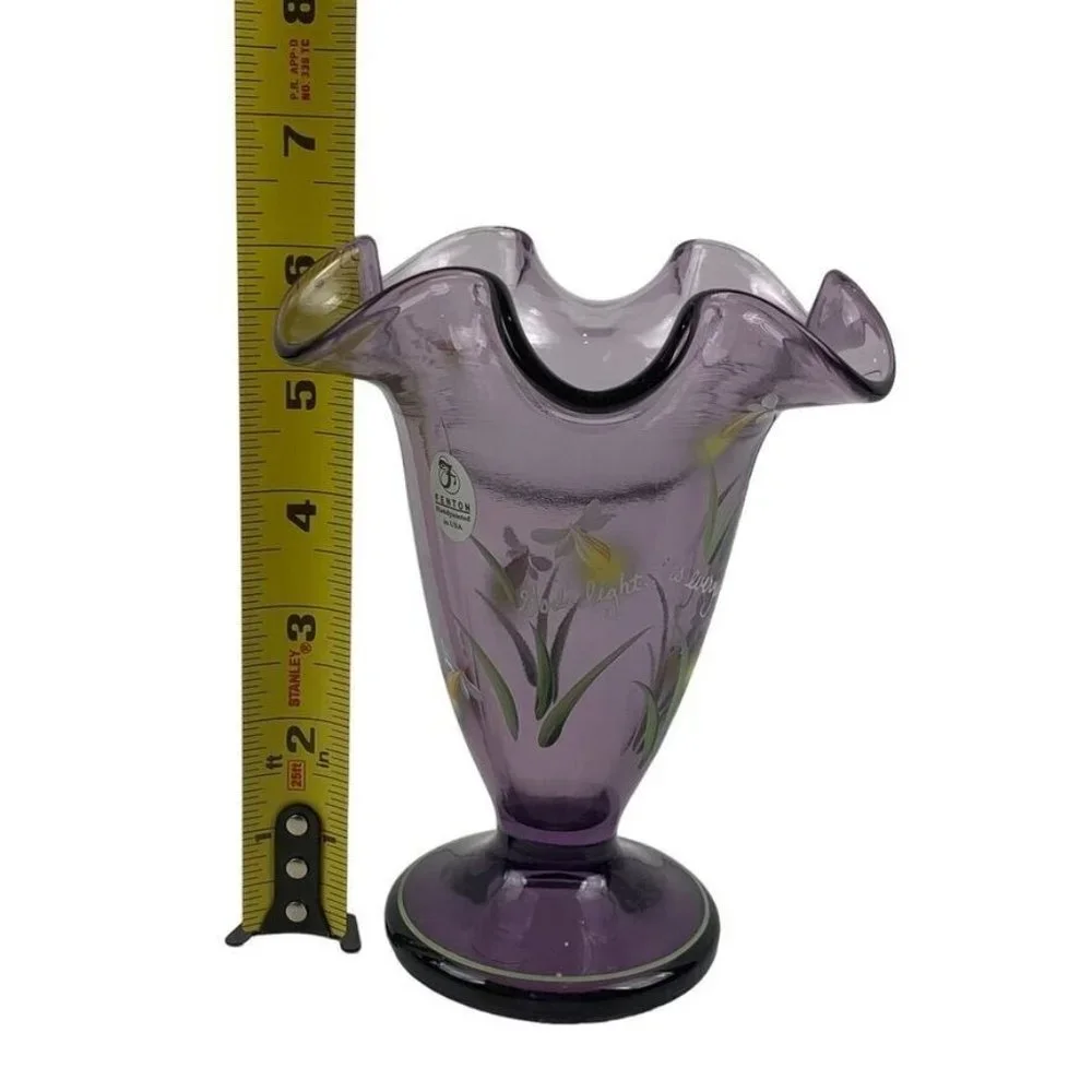 Fenton Fluted Purple Vase Handpainted God's Light‎ is Everywhere Fireflies 6